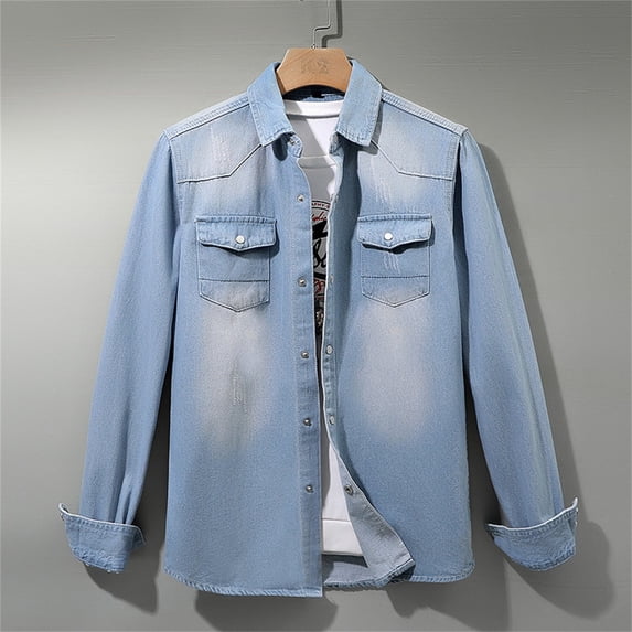 Huowey Men Jean Shirt Solid Color Button Down Classic Denim Jacket Long Sleeve Casual Work Shirt Washed Jean Coat Autumn Streetwear,Light Blue,M