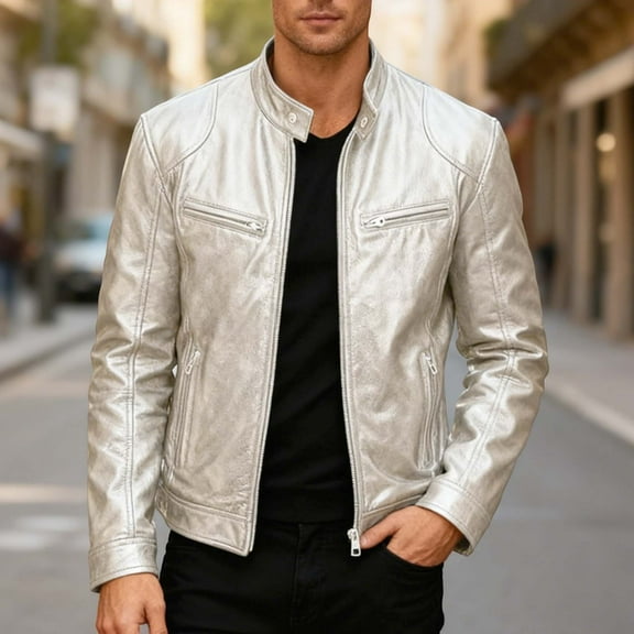 Huowey Men Punk Leather Jacket Stand Collar Full Zip Up Business Oversized Long Sleeve Casual Cozy Windproof Stylish Daily Wear,Silver,M