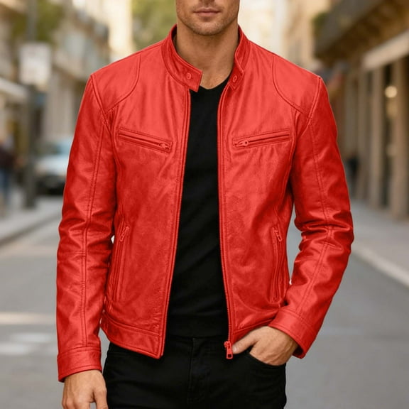 Huowey Men Punk Leather Jacket Stand Collar Full Zip Up Business Oversized Long Sleeve Casual Cozy Windproof Stylish Dailywear,Red,S