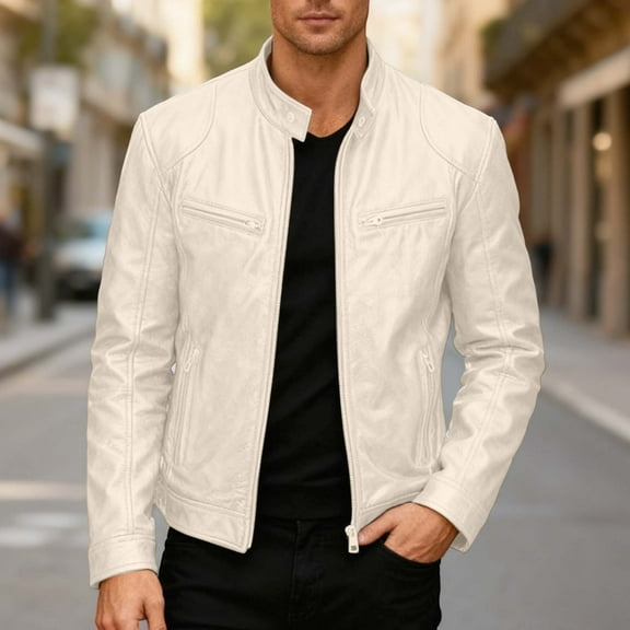 Huowey Men Punk Leather Jacket Stand Collar Full Zip Up Business Oversized Long Sleeve Casual Cozy Windproof Stylish Outwear,Beige,XXL