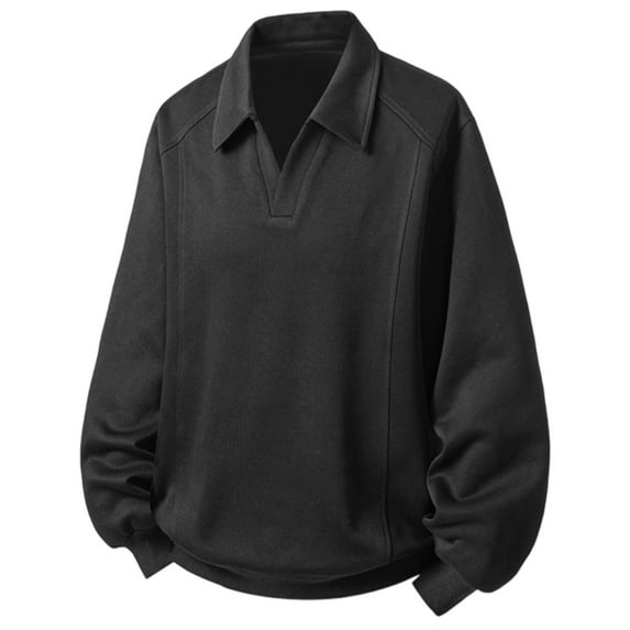 Huowey Men'S Casual Sweatshirt Knitted Loose Fit Shirt Long Sleeve Turn Down Collar V Neck Pullovers Solid Color Breathable Soft Comfortable Tops Streetwear