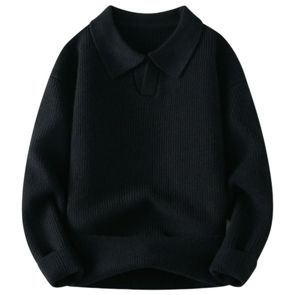 Huowey Men'S Knit Sweater Turndown Collar Polo Coat Solid Color Loose Fit Long Sleeve Pullovers Autumn Winter Warm Soft Comfy Dailywear