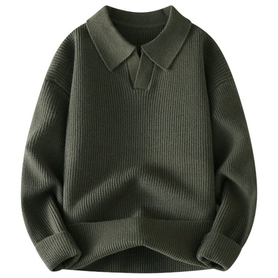 Huowey Men'S Knit Sweater Turndown Collar Polo Coat Solid Color Loose Fit Long Sleeve Pullovers Autumn Winter Warm Soft Comfy Streetwear