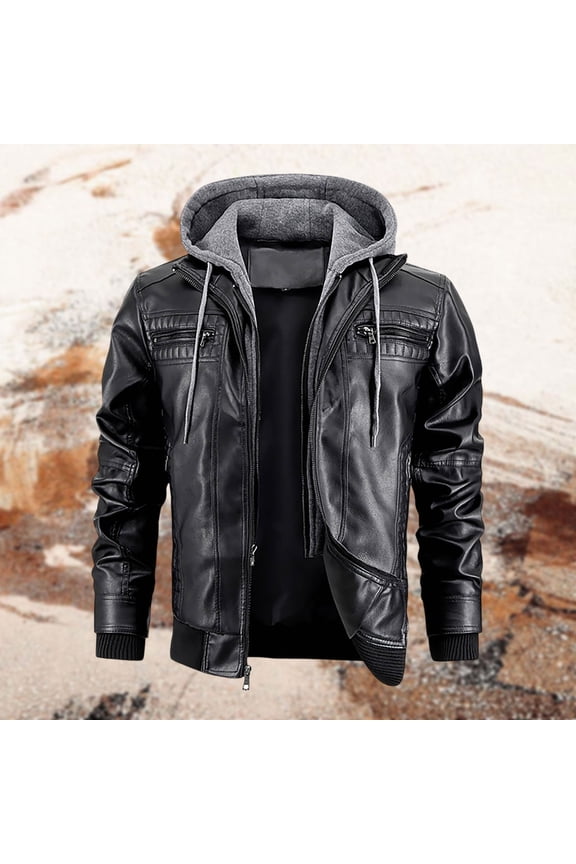 Men'S Leather Jacket Hooded Full Zipper Up Slim Fit Motorcycle Coat Long Sleeve Autumn Winter Outdoor Casual Style Jacket Thick Dailywear,Black,XXXL