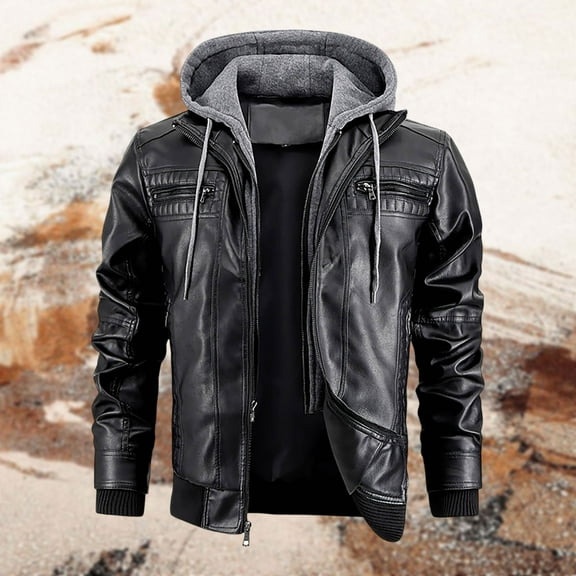 Huowey Men'S Leather Jacket Hooded Full Zipper Up Slim Fit Motorcycle Coat Long Sleeve Autumn Winter Outdoor Casual Style Jacket Thick Outwear,Black,XL