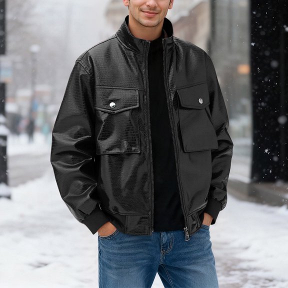 Huowey Men'S Leather Jackets Stand Collar Motorcycle Full Zipper Up Long Sleeved Solid Colour Work Coats With Pockets Casual Winter Warm Outwear,Black,M