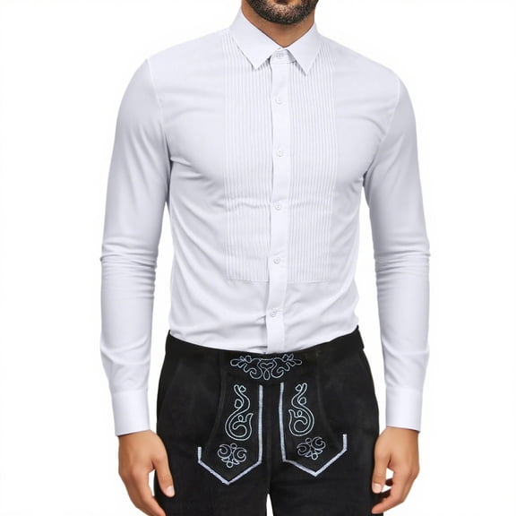 Huowey Men Shirts Stretchable Slim Fit Double Pleated Dress Shirt Solid Color Button Down Blouse Basic Bottom T Shirt Turndown Collar Long Sleeve Tops Dailywear Streewear,White,M