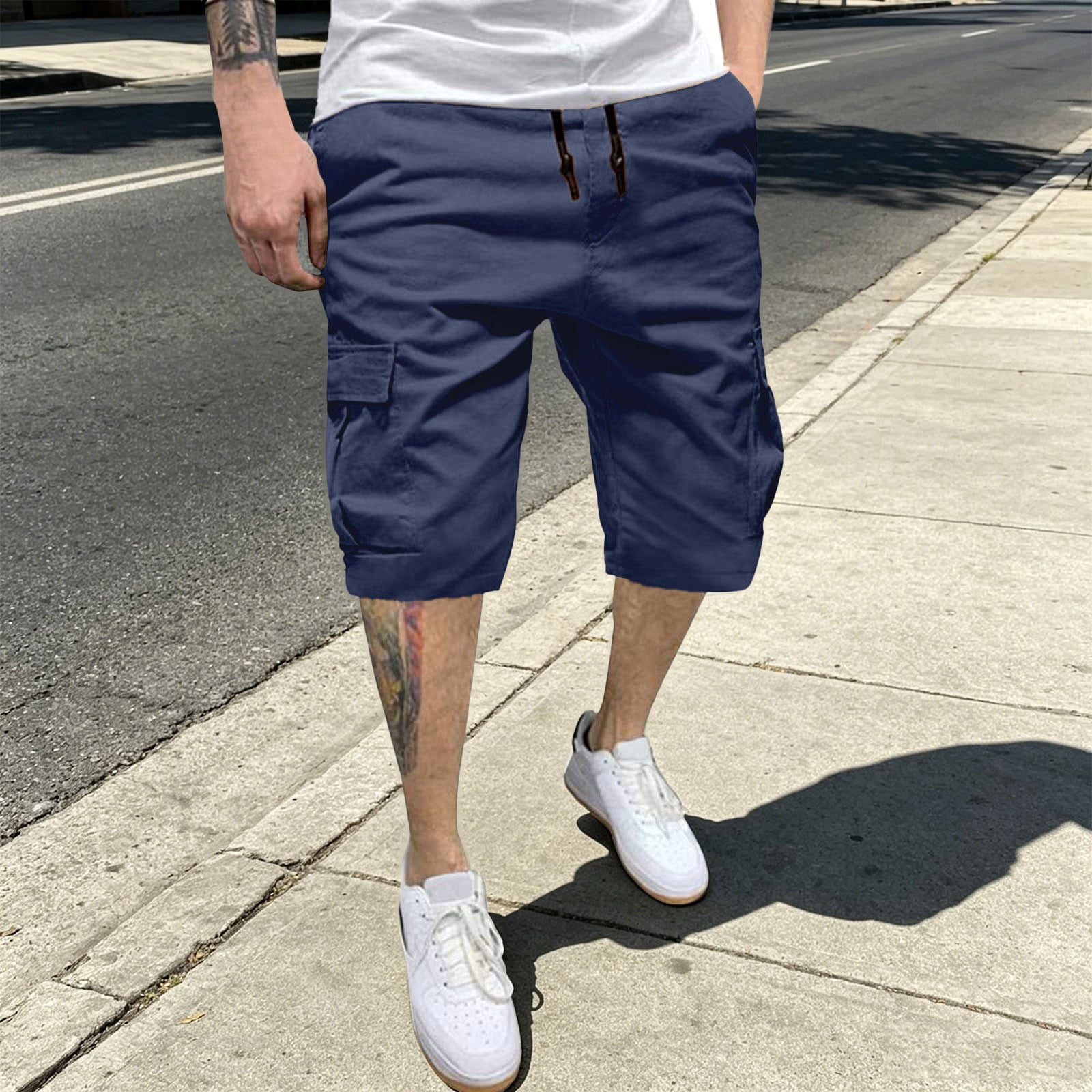 Huowey Men Summer Casual Cargo Shorts Solid Color Multiple Pockets 