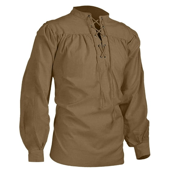 Huowey Men Sweatshirt Cotton Linen Shirt Long Sleeve Solid Color Lace Up Casual Blouse Ethnic Beach Yoga Topshirt Fall Based Outfits,Khaki,Xxl