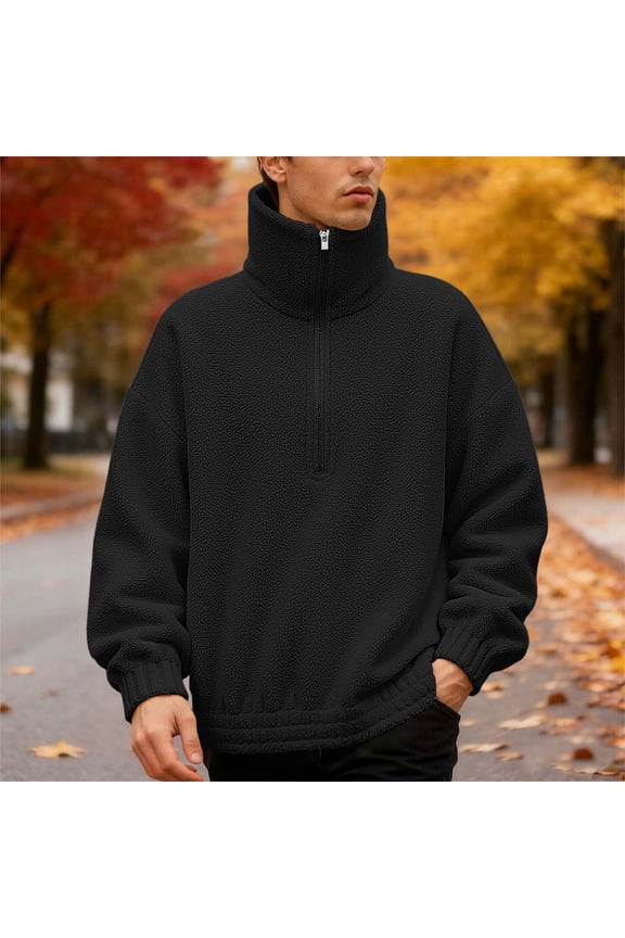 Men Sweatshirt Fuzzy Thick Lined Thermal High Neck Half Zip Up Long Sleeve Solid Color Wool Coat Winter Fashion Top Comfortable Soft Jacket Dailywear,Black,XXXL