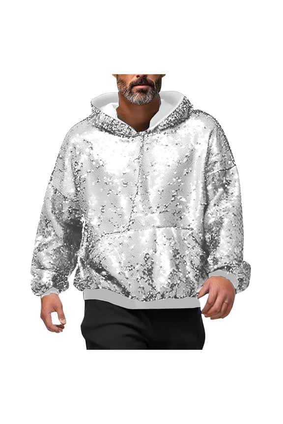 Men Sweatshirts Hooded Sequin Bomber Sparkly Varsity Glitter Sweatshirt Lightweight Party Outwear Hoodies Pullover Coat Birthday Holiday Clothes Outerwear,Silver,Xl