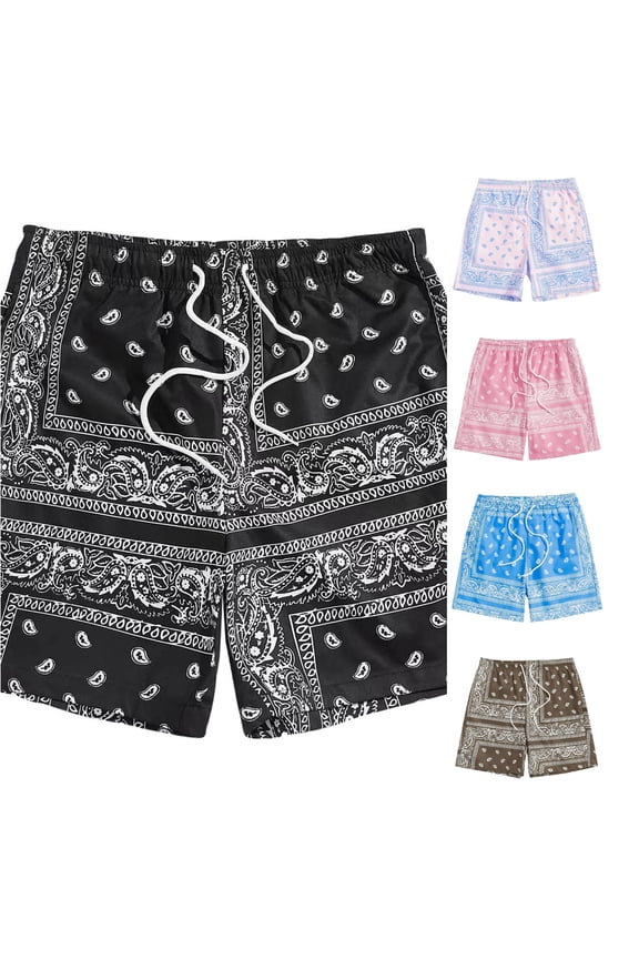 Men's Swim Trunks Paisley Bandana Print Swim Shorts Quick Dry Floral Print Elastic Drawstring Waist Lightweight Board Shorts For Beach Pool Summer Vacation Dailywear,S