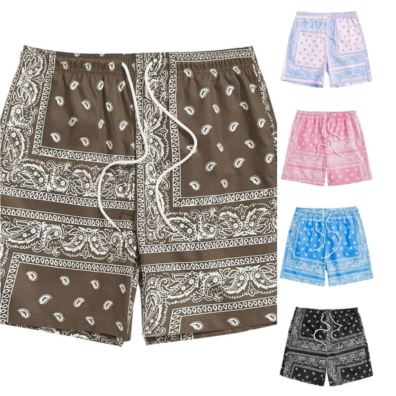 Huowey Men's Swim Trunks Paisley Bandana Print Swim Shorts Quick Dry Floral Print Elastic Drawstring Waist Lightweight Board Shorts For Beach Pool Summer Vacation Dailywear,XL