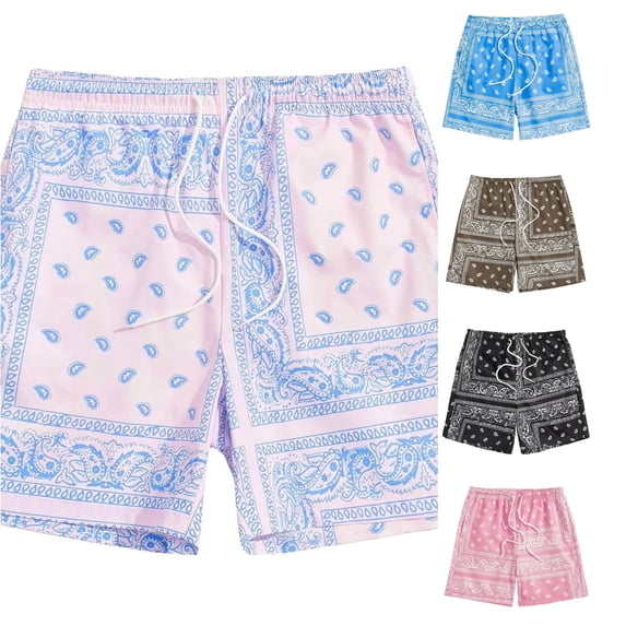 Huowey Men's Swim Trunks Paisley Bandana Print Swim Shorts Quick Dry Floral Print Elastic Drawstring Waist Lightweight Board Shorts For Beach Pool Summer Vacation Dailywear,L