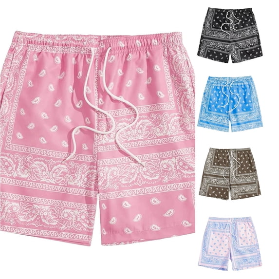 Huowey Men's Swim Trunks Paisley Bandana Print Swim Shorts Quick Dry Floral Print Elastic Drawstring Waist Lightweight Board Shorts For Beach Pool Summer Vacation Dailywear,2XL
