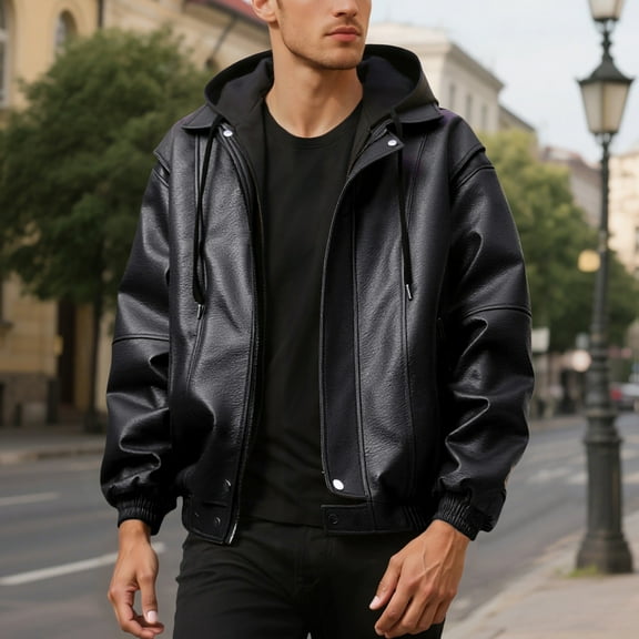 Huowey Mens Casual Leather Jacket Slim Fit Full Zip Up Stand Collar Long Sleeve Lightweight Motorcycle Style Outerwear Coat With Pockets Stylish Cozy Daily Wear,Black,M