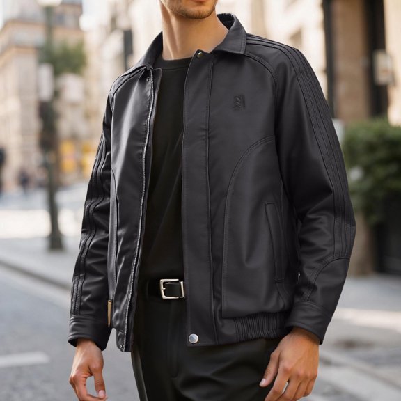 Huowey Mens Casual Leather Jacket Slim Fit Full Zip Up Stand Collar Long Sleeve Lightweight Motorcycle Style Outerwear Coat With Pockets Stylish Cozy Dailywear,Black,M