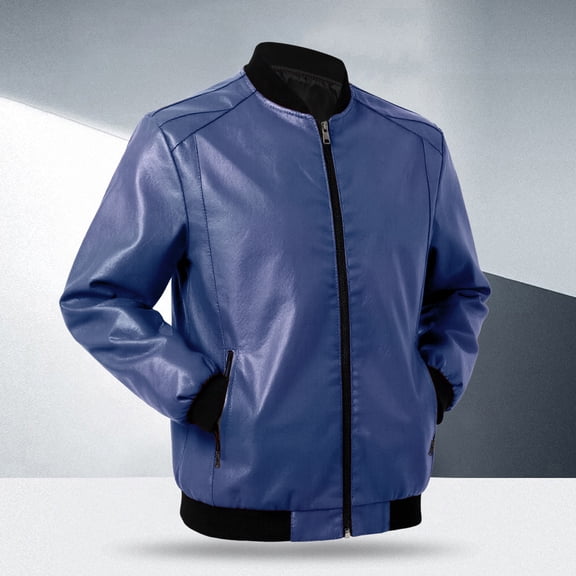 Huowey Mens Casual Leather Jacket Slim Fit Full Zip Up Stand Collar Long Sleeve Lightweight Motorcycle Style Outerwear Coat With Pockets Stylish Cozy Dailywear,Blue,M