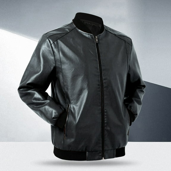 Huowey Mens Casual Leather Jacket Slim Fit Full Zip Up Stand Collar Long Sleeve Lightweight Motorcycle Style Outerwear Coat With Pockets Stylish Cozy Streetwear,Black,M