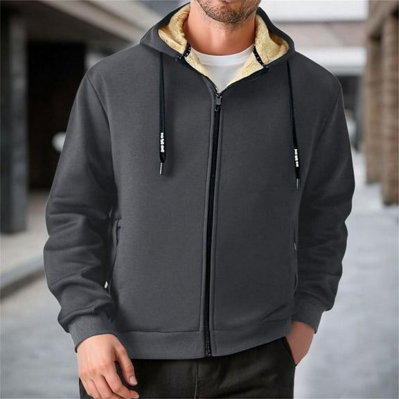 Huowey Mens Coat Winter Warm Thick Fuzyy Wool Thermal Lined Solid Color Full Zip Hooded Jacket Soft Comfy Outdoor Casual Comfortable Athletic Dailywear,Dark Gray,M