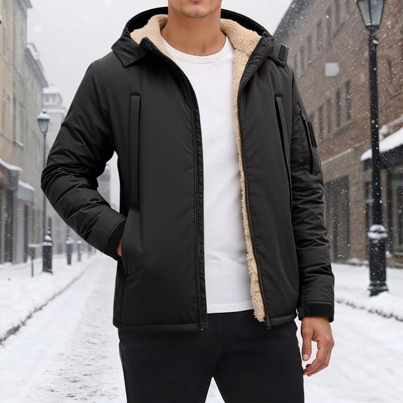 Huowey Mens Coat Winter Warm Thick Fuzyy Wool Thermal Lined Solid Color Full Zip Hooded Jacket Soft Comfy Outdoor Casual Comfortable Athletic Dailywear,Black,M