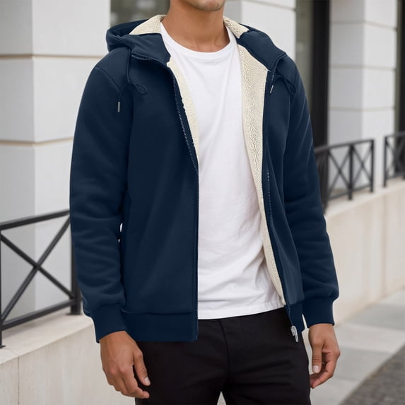Huowey Mens Coat Winter Warm Thick Fuzyy Wool Thermal Lined Solid Color Full Zip Hooded Jacket Soft Comfy Outdoor Casual Comfortable Athletic Outwear,Navy,XL