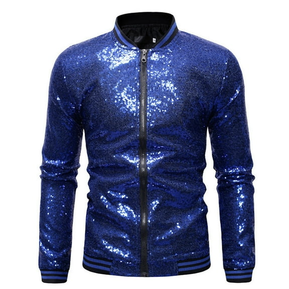 Huowey Mens Jacket Full Zip Up Sequins Stylish Stand Collar Tops Layering Slim Fit Stage Performance Party Fashion Coat Outwear,Blue,L
