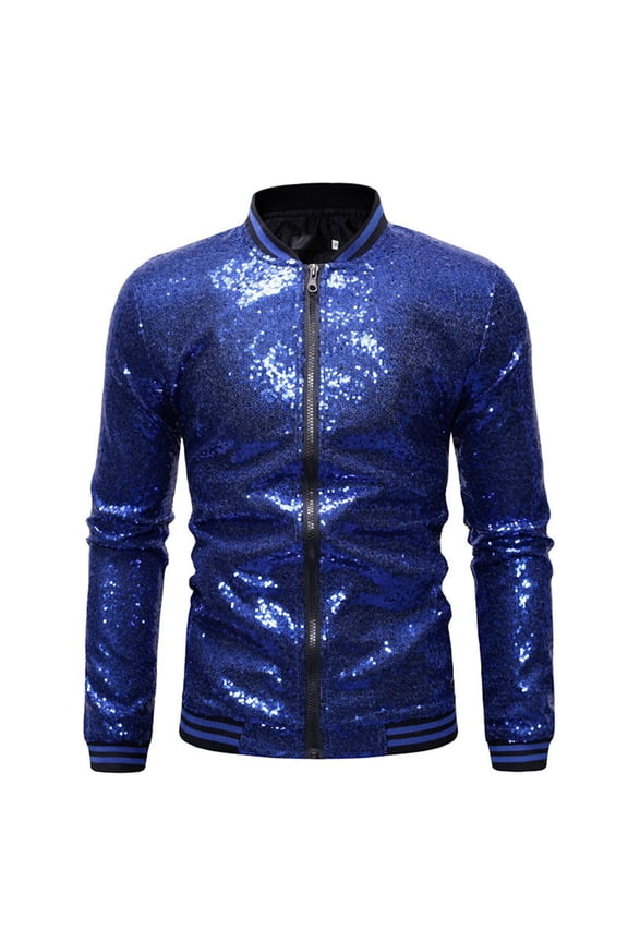Mens Jacket Full Zip Up Sequins Stylish Stand Collar Tops Layering Slim Fit Stage Performance Party Fashion Coat Outwear,Blue,L