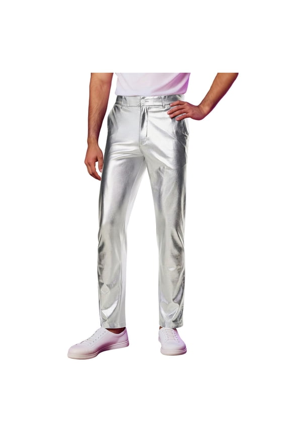 Mens Leather Pants Casual Slim Fit Stretch Tapered Pants Motorcycle Stylish Fashionable Comfort Solid Color Trousers Lightweight Versatile Dailywear,Silver,XL