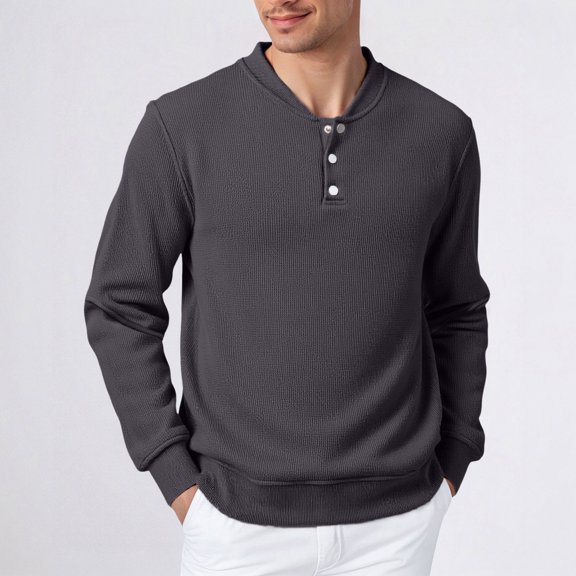 Huowey Mens Shirt Solid Color Collar Button Round Neck Long Sleeve Sweatshirt Soft Warm Winter Pullover Comfortable Casual Activities Stylish Based Daily Wear,Dark Gray,S