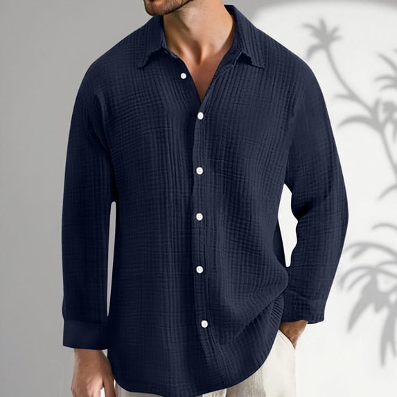 Huowey Mens Shirts Summer Solid Color Long Sleeve Button Down Lapel Loose Fit Turndown Collar Beach Casual Fashion Breathable Holiday Loose Relaxed Lightweight Blouse Tops Cozy Dailywear,Blue,S