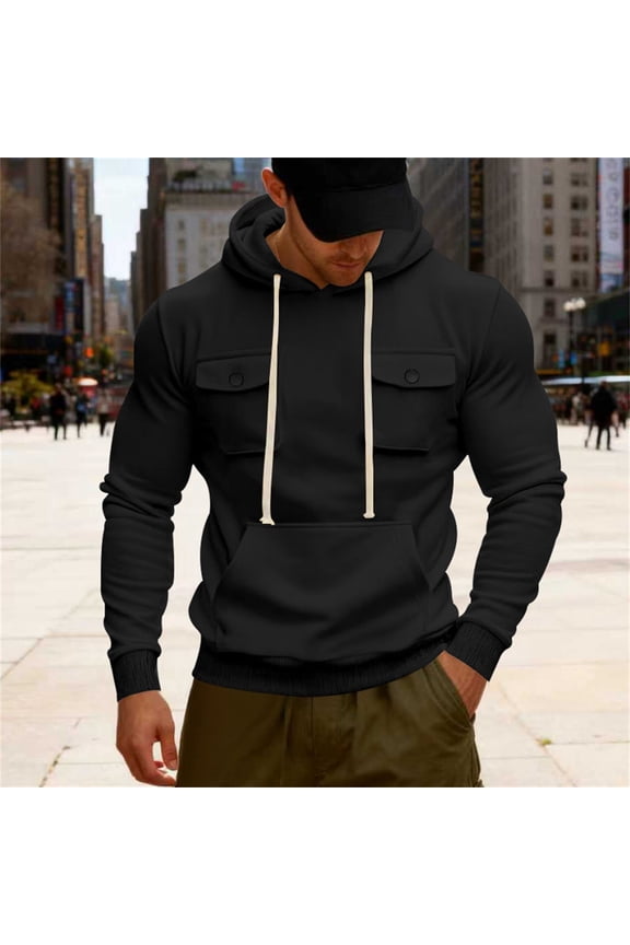 Mens Work Coat Heavyweight Hooded Sweatshirt Front Pockets Outdoor Workwear Jacket With Big Pocket Casual Pullover Autumn Winter Thermal Daily Wear,Black,M