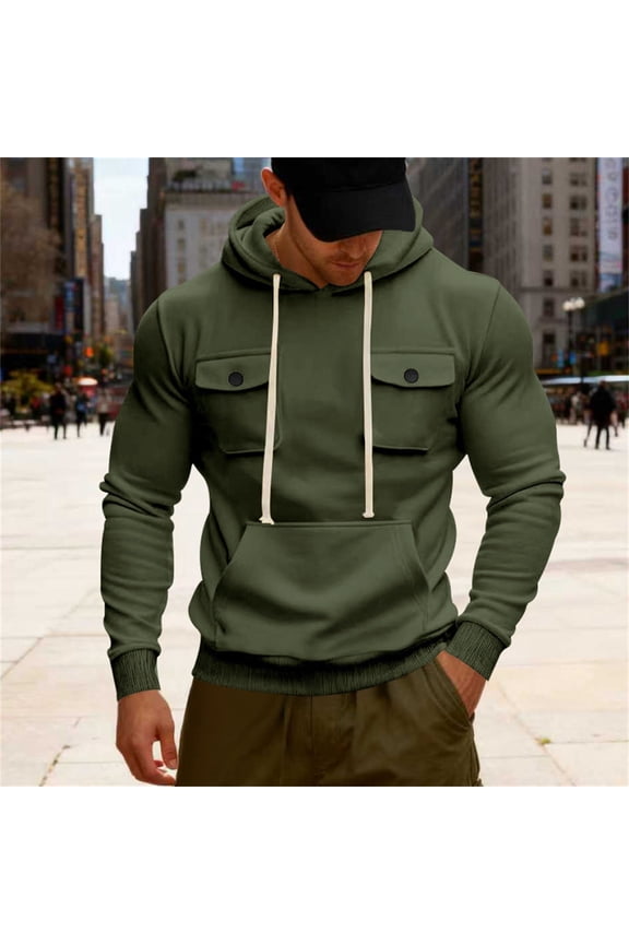 Mens Work Coat Heavyweight Hooded Sweatshirt Front Pockets Outdoor Workwear Jacket With Big Pocket Casual Pullover Autumn Winter Thermal Dailywear,Army Green,L