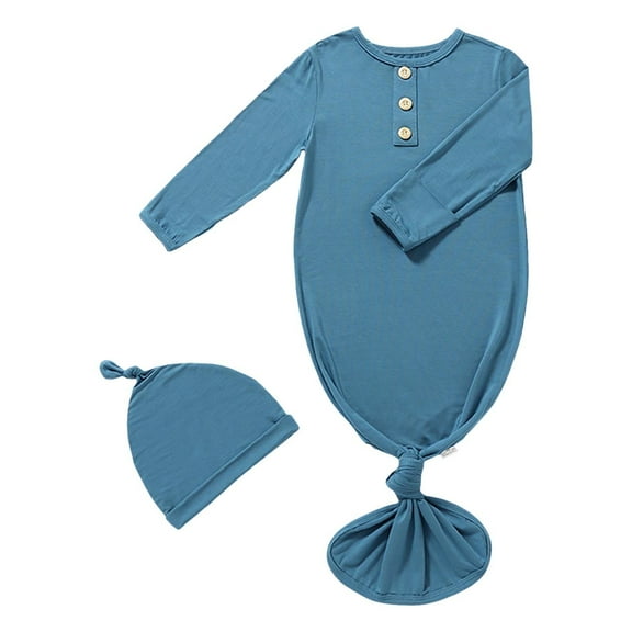 Huowey Newborn Baby Boy Girl Gown Sleeper Knotted Nightgown And Hat Set Sleepwear Classic Loungewear, 0-3 Months