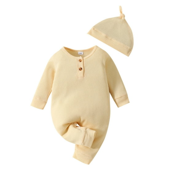 Huowey Boys Girls Long Sleeve Solid Color Pullover Romper Jumpsuit Onesie Hat Set Cute Dailywear, 3-6 Months