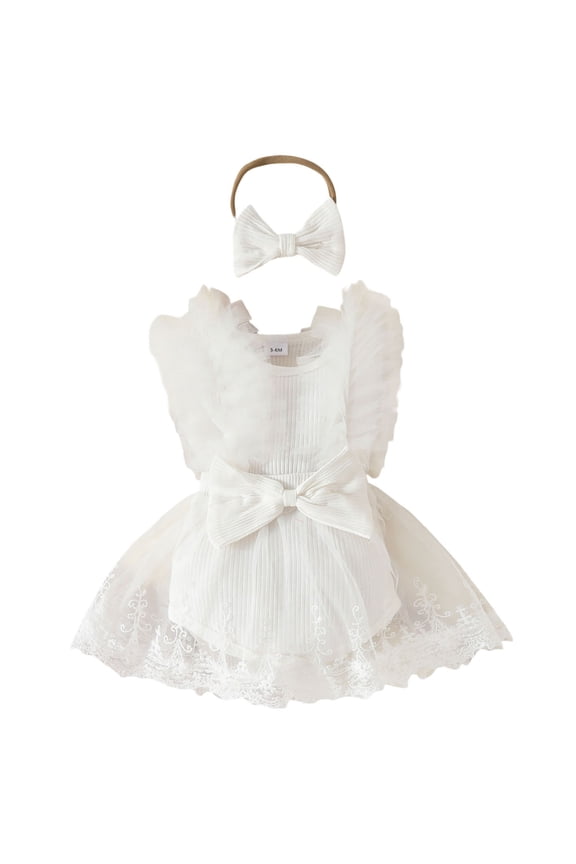 Newborn Girls Lace Sleeveless Ribbed Romper Bodysuits Dress Headbands Set Onesie One-Pieces Breathable Dailywear, 0-3 Months