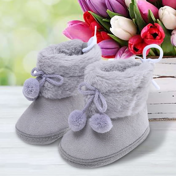 Huowey Newborn Walking Shoes Girl Boy Cute Bow Fuzzy Booties Soft Sole Floor Shoes Fall Winter Warmth Cozy Footwear,Grey,6-12 Months