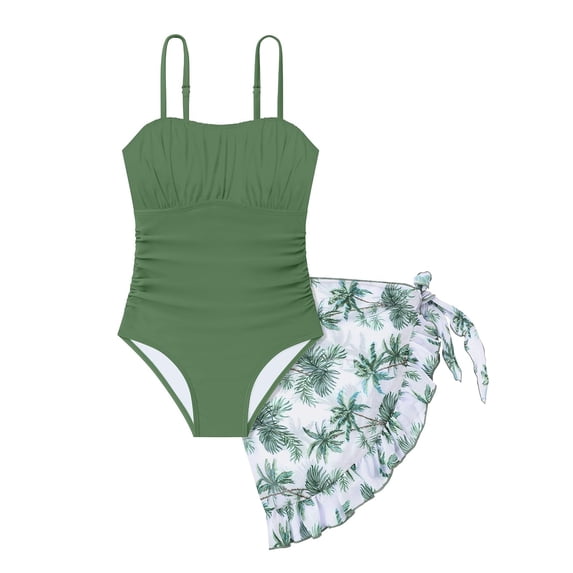 Huowey Girls Toddler One-Piece Swimsuit Adjustable Strap Front Cross Ruched Floral Print Cut Out Bodysuit With Cover Up Skirts Youth Swimwear Tropical Trendy Bathing Suit,Army Green,11-12 Years