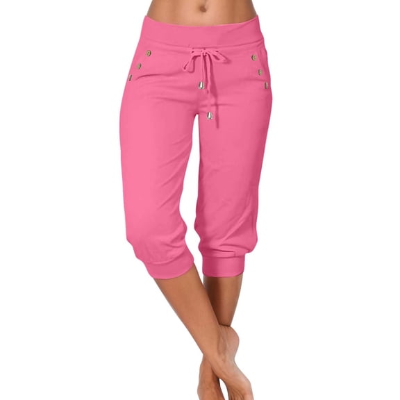 Huowey Pants for Women Casual High Waisted Drawstring Cropped Pants with Button Pockets Outwear Spring Summer Comfortable Trousers