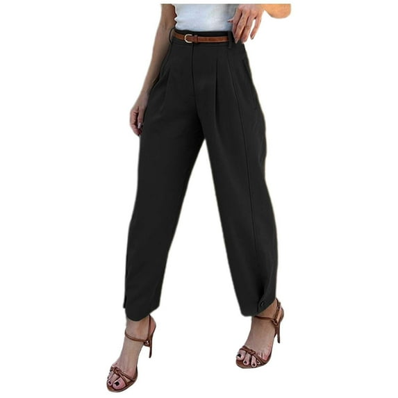 Huowey Pants for Women Elegant Solid Color Loose Fit Cropped Trousers High Waist Casual Suit Pants for Fashionable Wear