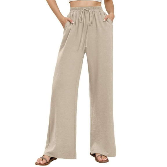 Huowey Pants for Women High Waist Wide Leg Summer Palazzo Pants Casual Comfortable and Light Elegant Trousers with Pockets and Drawstring