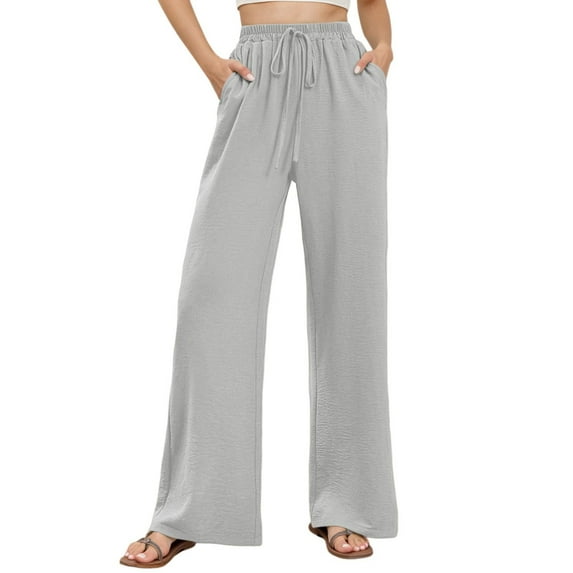 Huowey Pants for Women High Waist Wide Leg Summer Palazzo Pants Casual Comfortable and Light Elegant Trousers with Pockets and Drawstring