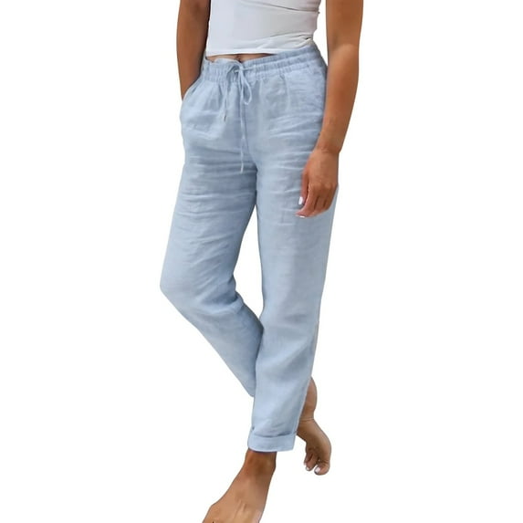 Huowey Pants for Women Ladies Summer Elastic High Waist Solid Color Cotton Linen Wide Leg Loose Pants