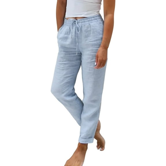 Huowey Pants for Women Ladies Summer Elastic High Waist Solid Color Cotton Linen Wide Leg Loose Pants