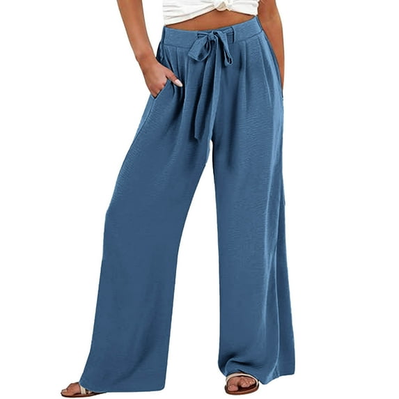 Huowey Pants for Women Wide Leg Pants with Adjustable Waistband and Flowing Tie Knot Casual and Loose Pants with Pockets