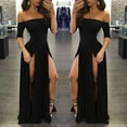 thumbnail image 1 of Huowey Party Dresses For Women Solid Color Off The Shoulder Short Sleeve Boat Neck Ruched Pleated Slim Fit High Split Long Length Bodycon Maxi Dress Wedding Gowns Clubwear,Black,L, 1 of 5