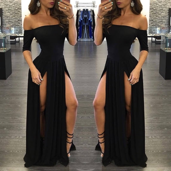Huowey Party Dresses For Women Solid Color Off The Shoulder Short Sleeve Boat Neck Ruched Pleated Slim Fit High Split Long Length Bodycon Maxi Dress Wedding Gowns Clubwear,Black,L
