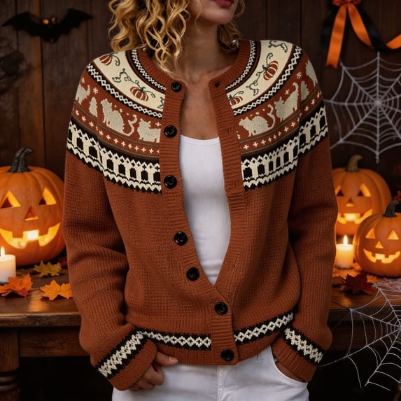 Huowey Plus Size Halloween Cardigan Sweaters For Women Pumpkin Cat Pattern Fair Isle Knit Button Up Cardigans Long Sleeve Crew Neck Soft Fall Winter Outerwear,Orange,XXXXL