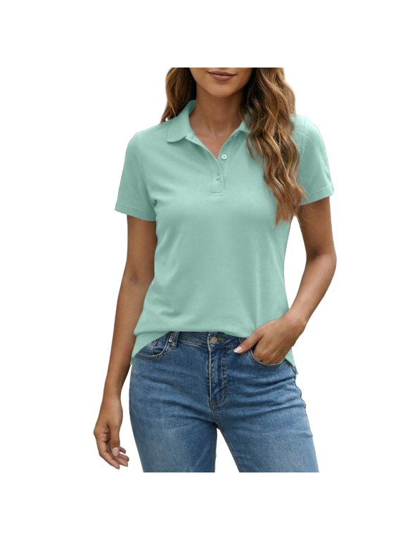 Polo Shirts For Women Short Sleeve Solid Color Three Button Collar Shirt Comfortable Athletic Top Slim Fit Casual Sports Business Breathable Comfy Stylish Tee Blouse,Light Green,XXL