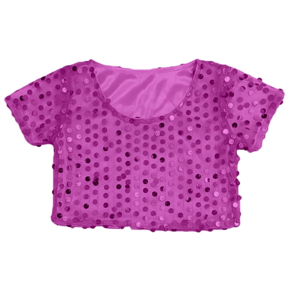 Huowey Shirt For Girls Shine Sequins Shirts Crop Top Short Sleeve Round Neck Carnival Performance Glitter Sequin Stretch Tee Dancewear Cute Tops,Dark Purple,One Size